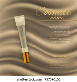 Vector 3D cosmetic illustration on a soft silk background. Beauty realistic cosmetic product design template
