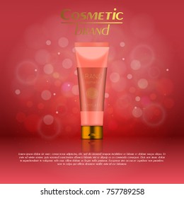 Vector 3D cosmetic illustration on a soft light blurred background with bokeh. Beauty realistic cosmetic product design template