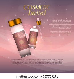 Vector 3D cosmetic illustration on a soft light background with flare effects. Beauty realistic cosmetic product design template