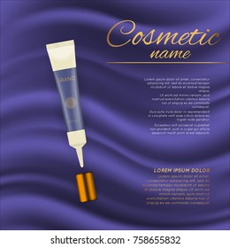 Vector 3D cosmetic illustration on a soft silk background. Beauty realistic cosmetic product design template