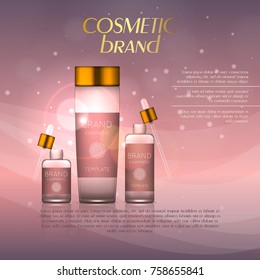 Vector 3D cosmetic illustration on a soft light background with flare effects. Beauty realistic cosmetic product design template