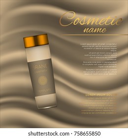 Vector 3D cosmetic illustration on a soft silk background. Beauty realistic cosmetic product design template