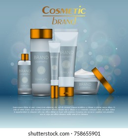 Vector 3D cosmetic illustration on a soft light blurred background with bokeh. Beauty realistic cosmetic product design template