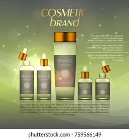 Vector 3D cosmetic illustration on a soft light background with flare effects. Beauty realistic cosmetic product design template