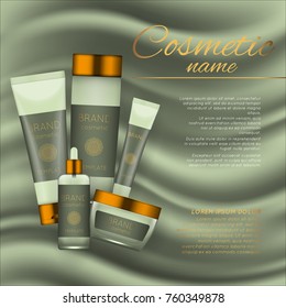 Vector 3D cosmetic illustration on a soft silk background. Beauty realistic cosmetic product design template