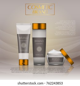 Vector 3D cosmetic illustration on a soft light waves background . Beauty realistic cosmetic product design template