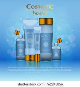 Vector 3D cosmetic illustration on a soft light blurred background with bokeh. Beauty realistic cosmetic product design template
