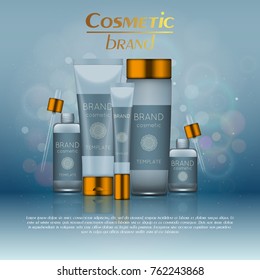 Vector 3D cosmetic illustration on a soft light blurred background with bokeh. Beauty realistic cosmetic product design template