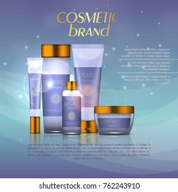 Vector 3D cosmetic illustration on a soft light background with flare effects. Beauty realistic cosmetic product design template
