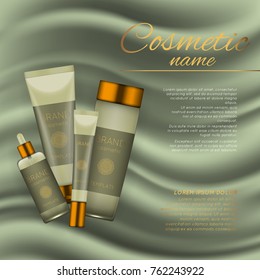 Vector 3D cosmetic illustration on a soft silk background. Beauty realistic cosmetic product design template