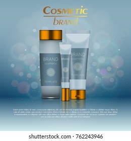 Vector 3D cosmetic illustration on a soft light blurred background with bokeh. Beauty realistic cosmetic product design template