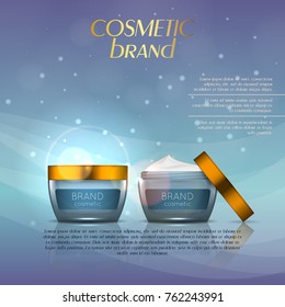 Vector 3D cosmetic illustration on a soft light background with flare effects. Beauty realistic cosmetic product design template