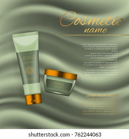 Vector 3D cosmetic illustration on a soft silk background. Beauty realistic cosmetic product design template