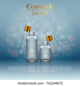 Vector 3D cosmetic illustration on a soft light blurred background with bokeh. Beauty realistic cosmetic product design template