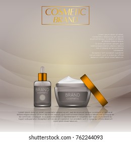Vector 3D cosmetic illustration on a soft light waves background . Beauty realistic cosmetic product design template