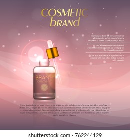 Vector 3D cosmetic illustration on a soft light background with flare effects. Beauty realistic cosmetic product design template