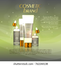 Vector 3D cosmetic illustration on a soft light background with flare effects. Beauty realistic cosmetic product design template