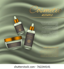 Vector 3D cosmetic illustration on a soft silk background. Beauty realistic cosmetic product design template