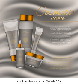 Vector 3D cosmetic illustration on a soft silk background. Beauty realistic cosmetic product design template