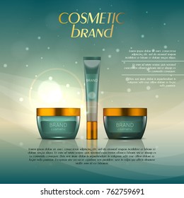 Vector 3D cosmetic illustration on a soft light background with flare effects. Beauty realistic cosmetic product design template