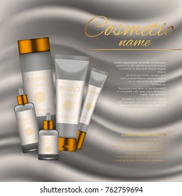 Vector 3D cosmetic illustration on a soft silk background. Beauty realistic cosmetic product design template