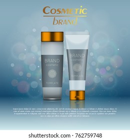 Vector 3D cosmetic illustration on a soft light blurred background with bokeh. Beauty realistic cosmetic product design template