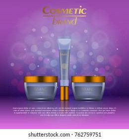 Vector 3D cosmetic illustration on a soft light blurred background with bokeh. Beauty realistic cosmetic product design template