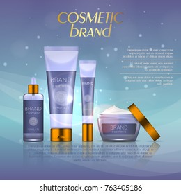 Vector 3D cosmetic illustration on a soft light background with flare effects. Beauty realistic cosmetic product design template