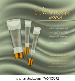 Vector 3D cosmetic illustration on a soft silk background. Beauty realistic cosmetic product design template