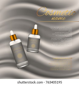 Vector 3D cosmetic illustration on a soft silk background. Beauty realistic cosmetic product design template