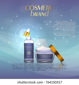 Vector 3D cosmetic illustration on a soft light background with flare effects. Beauty realistic cosmetic product design template