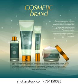 Vector 3D cosmetic illustration on a soft light background with flare effects. Beauty realistic cosmetic product design template