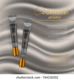 Vector 3D cosmetic illustration on a soft silk background. Beauty realistic cosmetic product design template