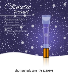 Vector 3D cosmetic illustration on a soft light background with flare effects. Beauty realistic cosmetic product design template.