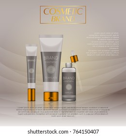 Vector 3D cosmetic illustration on a soft light waves background . Beauty realistic cosmetic product design template