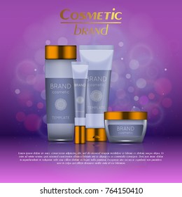 Vector 3D cosmetic illustration on a soft light blurred background with bokeh. Beauty realistic cosmetic product design template