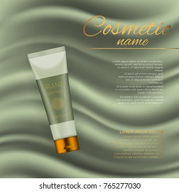 Vector 3D cosmetic illustration on a soft silk background. Beauty realistic cosmetic product design template