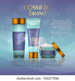 Vector 3D cosmetic illustration on a soft light background with flare effects. Beauty realistic cosmetic product design template