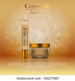 Vector 3D cosmetic illustration on a soft light blurred background with bokeh. Beauty realistic cosmetic product design template