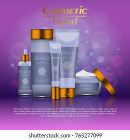 Vector 3D cosmetic illustration on a soft light blurred background with bokeh. Beauty realistic cosmetic product design template