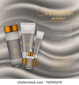 Vector 3D cosmetic illustration on a soft silk background. Beauty realistic cosmetic product design template