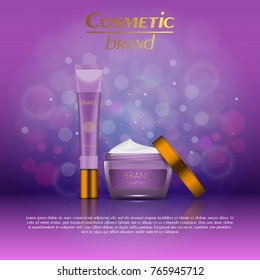 Vector 3D cosmetic illustration on a soft light blurred background with bokeh. Beauty realistic cosmetic product design template