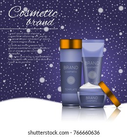 Vector 3D cosmetic illustration on a soft light background with flare effects. Beauty realistic cosmetic product design template.