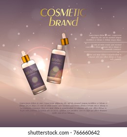 Vector 3D cosmetic illustration on a soft light background with flare effects. Beauty realistic cosmetic product design template