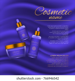Vector 3D cosmetic illustration on a soft silk background. Beauty realistic cosmetic product design template