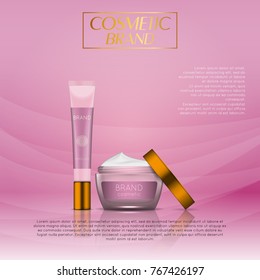 Vector 3D cosmetic illustration on a soft light waves background . Beauty realistic cosmetic product design template