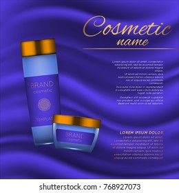 Vector 3D cosmetic illustration on a soft silk background. Beauty realistic cosmetic product design template