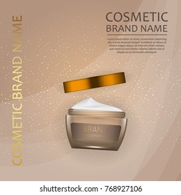 Vector 3D cosmetic illustration on a soft light waves background . Beauty realistic cosmetic product design template