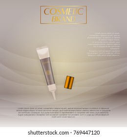 Vector 3D cosmetic illustration on a soft light waves background . Beauty realistic cosmetic product design template