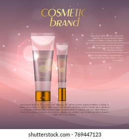 Vector 3D cosmetic illustration on a soft light background with flare effects. Beauty realistic cosmetic product design template